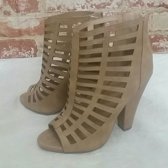 Shoes peep open toe caged sandal bootie tan New - Picture 5 of 8